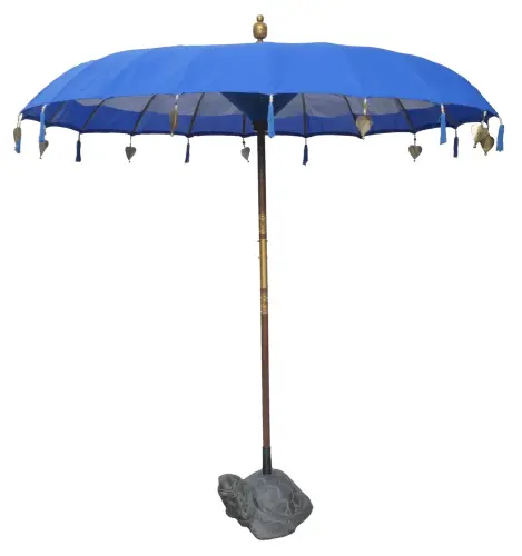 Product image of the product “Bali umbrella , turquoise with wooden coins and gold leaves hanging around the edge. Approx. 230cm dia. and 250cm height ”